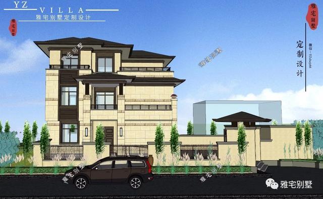 帶地下室的農(nóng)村三層新中式別墅設計圖，挑空客廳，大露臺設計。