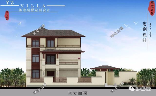 帶地下室的農(nóng)村三層新中式別墅設計圖，挑空客廳，大露臺設計。