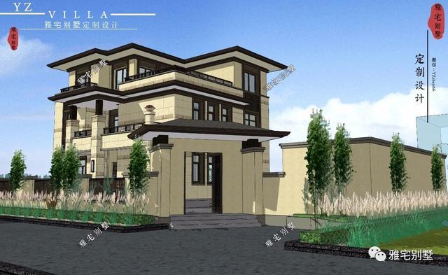 帶地下室的農(nóng)村三層新中式別墅設計圖，挑空客廳，大露臺設計。