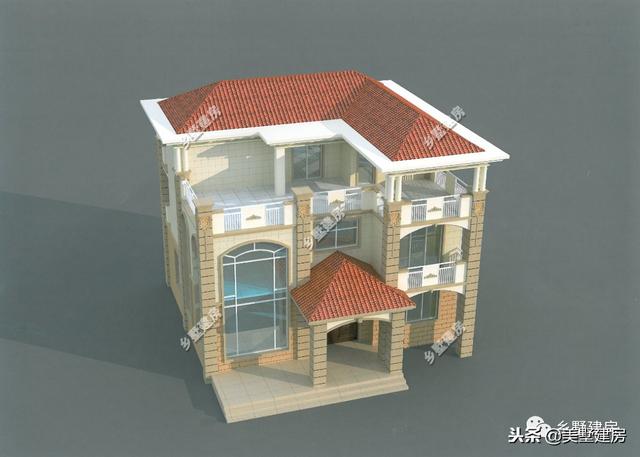 12.3X10.4米三層歐式樓房設(shè)計圖，超大落地窗戶挑空大客廳+大露臺！