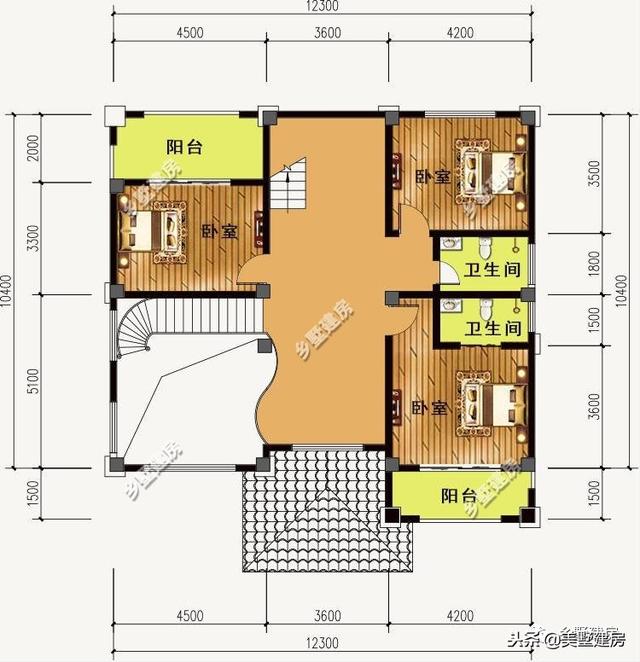 12.3X10.4米三層歐式樓房設(shè)計圖，超大落地窗戶挑空大客廳+大露臺！