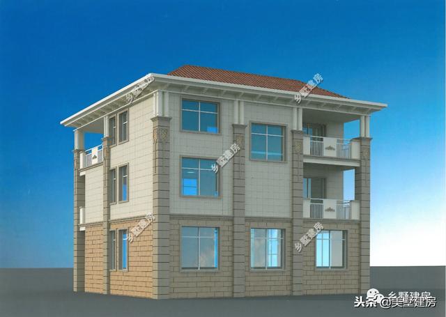 12.3X10.4米三層歐式樓房設(shè)計圖，超大落地窗戶挑空大客廳+大露臺！