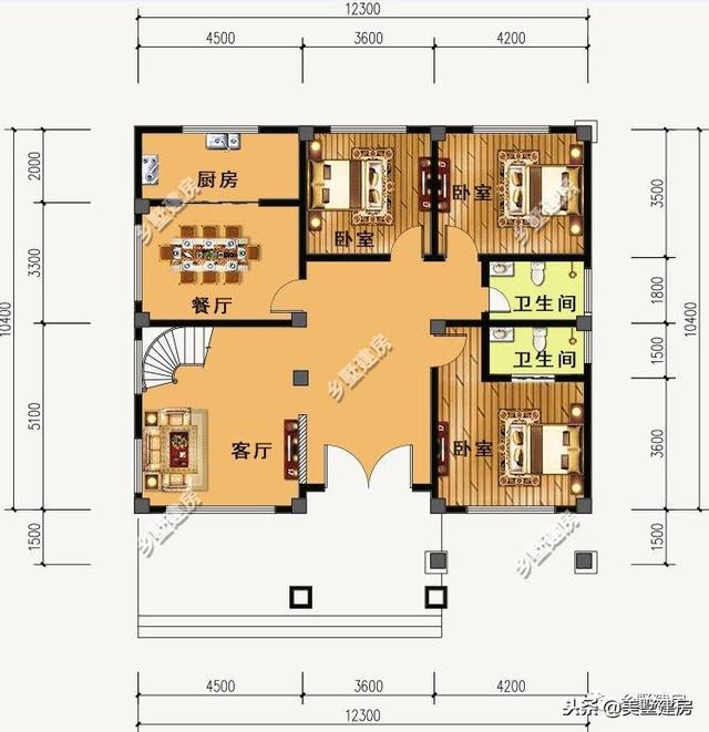 12.3X10.4米三層歐式樓房設(shè)計圖，超大落地窗戶挑空大客廳+大露臺！