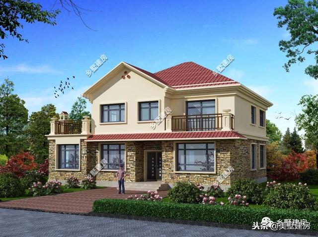 15.5×12米農村二層經(jīng)典小樓設計圖，時尚的文化石外墻搭配紅色的琉璃瓦，美好鄉(xiāng)村生活從這里開始。