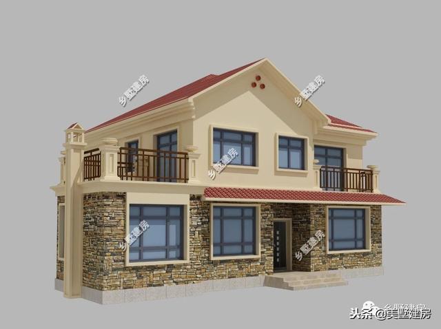15.5×12米農村二層經(jīng)典小樓設計圖，時尚的文化石外墻搭配紅色的琉璃瓦，美好鄉(xiāng)村生活從這里開始。
