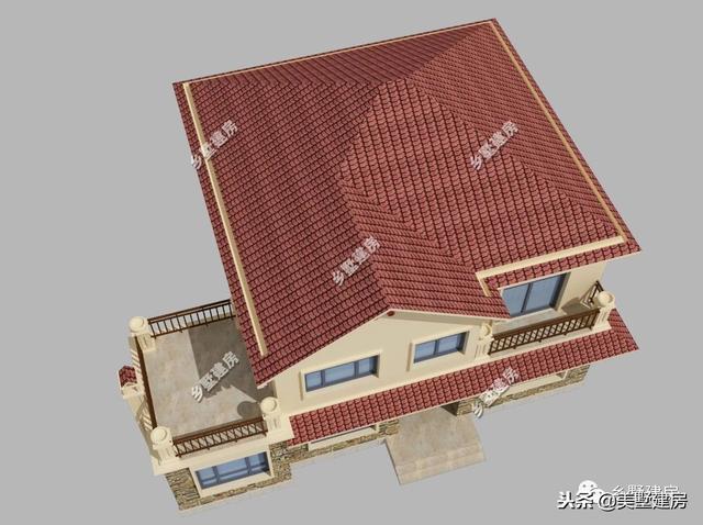 15.5×12米農村二層經(jīng)典小樓設計圖，時尚的文化石外墻搭配紅色的琉璃瓦，美好鄉(xiāng)村生活從這里開始。