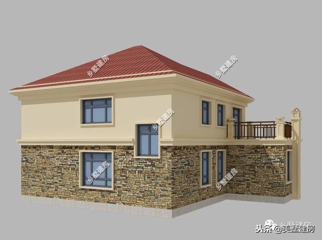 15.5×12米農村二層經(jīng)典小樓設計圖，時尚的文化石外墻搭配紅色的琉璃瓦，美好鄉(xiāng)村生活從這里開始。