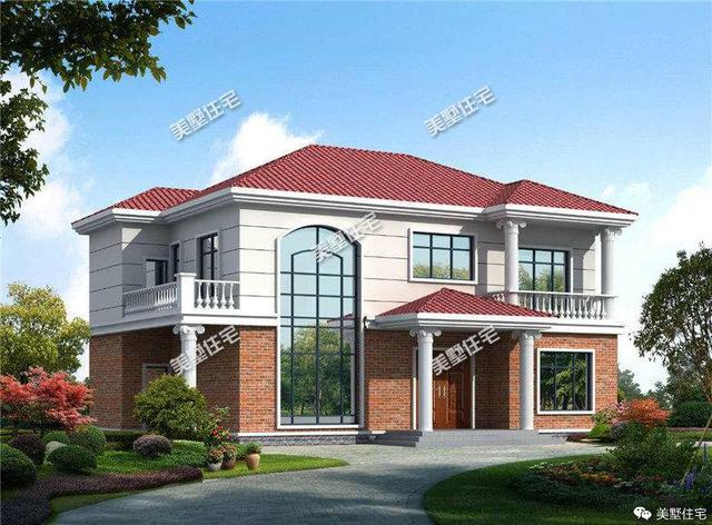 15x12米二層小洋樓設(shè)計圖，帶大院，紅色坡屋頂加真石漆外墻好看極了！