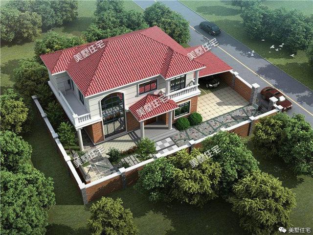 15x12米二層小洋樓設(shè)計圖，帶大院，紅色坡屋頂加真石漆外墻好看極了！