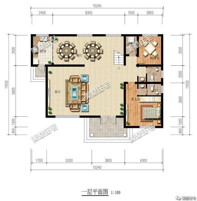 15x12米二層小洋樓設(shè)計圖，帶大院，紅色坡屋頂加真石漆外墻好看極了！