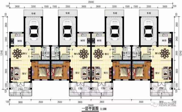 時尚簡約新中式風格設(shè)計圖，一排住四戶，29.4×13.1米。