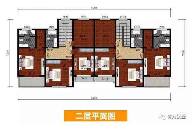 二層雙拼小別墅設計圖，開間25.8米×11米，簡單大氣，主體造價70萬