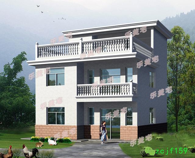 90平米鄉(xiāng)村經(jīng)典平屋頂大露臺(tái)三層設(shè)計(jì)圖，外觀沉穩(wěn)大氣，簡(jiǎn)約時(shí)尚