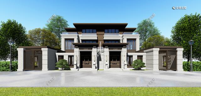 新中式的雙拼別墅設(shè)計(jì)圖，建筑造型盡顯高端，兄弟這樣建房才叫豪宅。