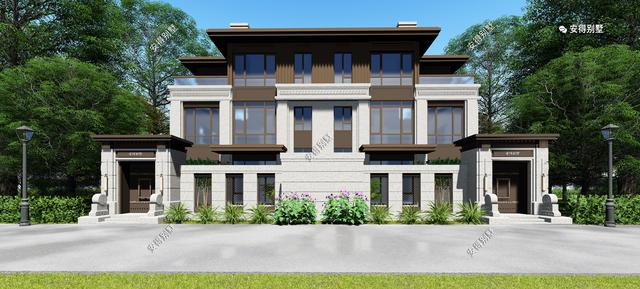 新中式的雙拼別墅設(shè)計(jì)圖，建筑造型盡顯高端，兄弟這樣建房才叫豪宅。