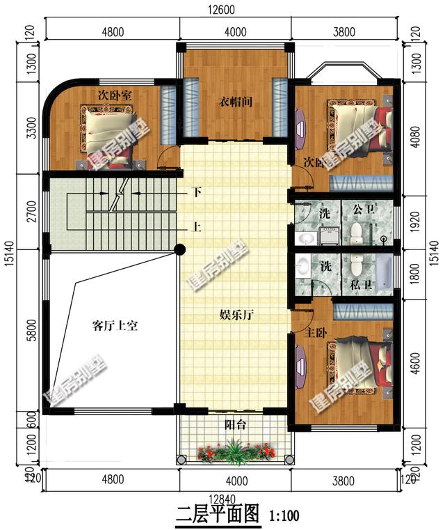 三層別墅設(shè)計(jì)圖，12.8x15.1帶架空層，室外樓梯全村第一家！