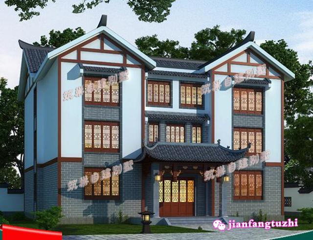 三層農(nóng)村中式別墅設計圖，戶型對稱設計，優(yōu)雅大氣