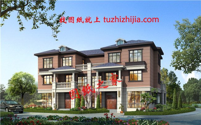 新款農村三層雙拼聯(lián)體別墅戶型圖，客廳中空，單戶120平米左右