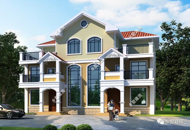 簡(jiǎn)歐風(fēng)農(nóng)村雙拼自建房設(shè)計(jì)圖，客廳挑空，時(shí)尚又大氣