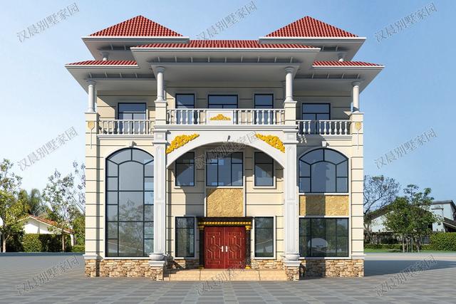 四層農(nóng)村獨棟別墅設(shè)計圖，左右對稱形式，很氣派