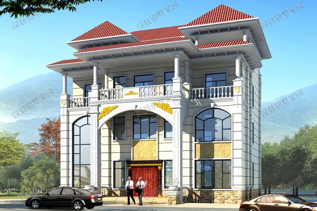 四層農(nóng)村獨棟別墅設(shè)計圖，左右對稱形式，很氣派