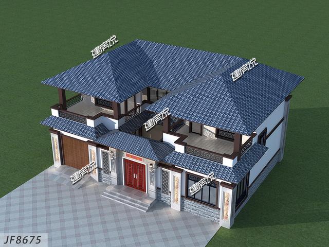 豪華二層新中式別墅設(shè)計(jì)圖，外觀極其漂亮，配色新穎