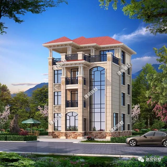 小面寬的兩棟四層鄉(xiāng)村別墅設計圖，第一棟最多能住三戶人家