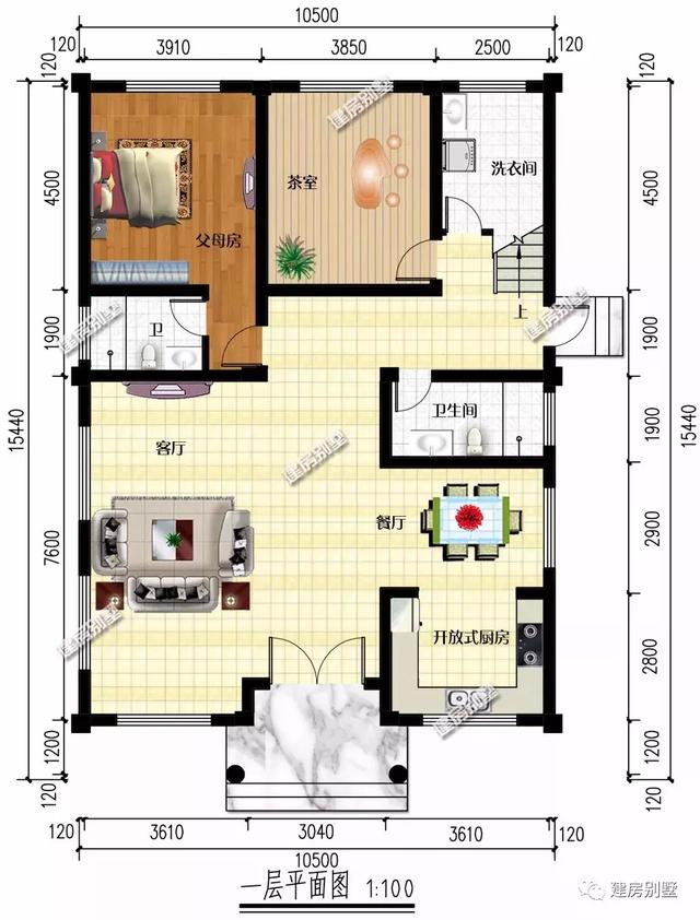 四層農(nóng)村別墅設(shè)計(jì)圖，10.5×15.4米，配落地窗和大露臺，美觀實(shí)用