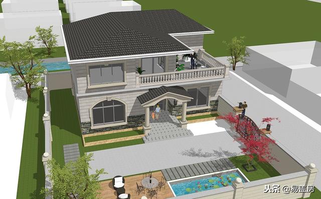 二層歐式別墅自建房，造價44萬，帶有庭院露臺，農(nóng)村自建劃算！