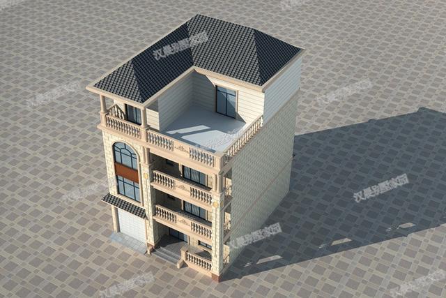 一側無窗的農村四層別墅設計圖，帶車庫和大露臺，漂亮極了。