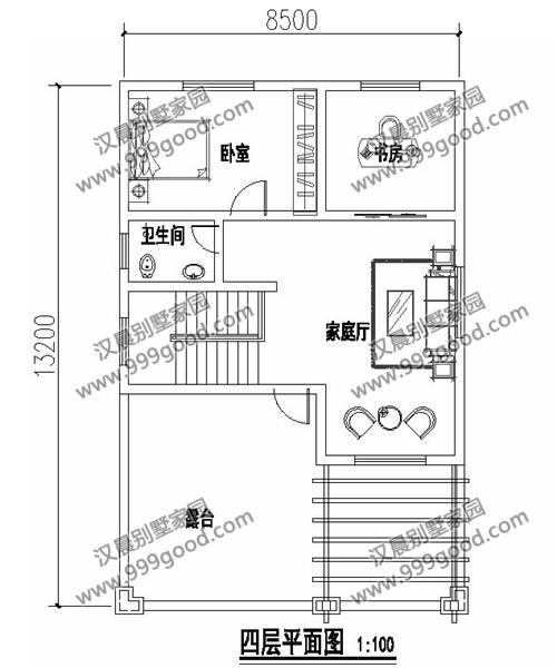 一側無窗的農村四層別墅設計圖，帶車庫和大露臺，漂亮極了。