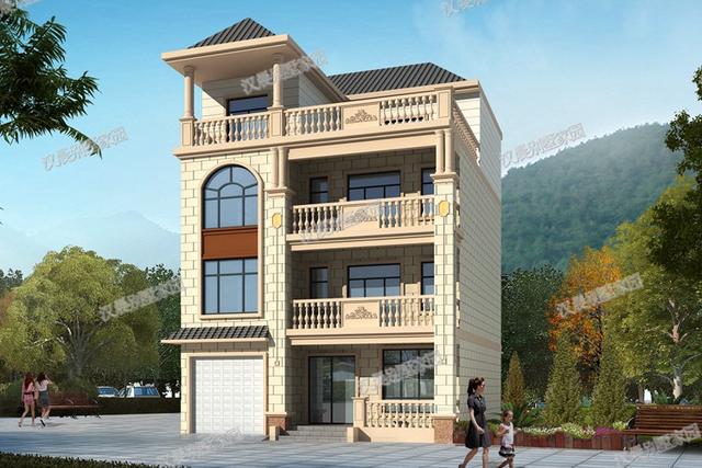 一側無窗的農村四層別墅設計圖，帶車庫和大露臺，漂亮極了。