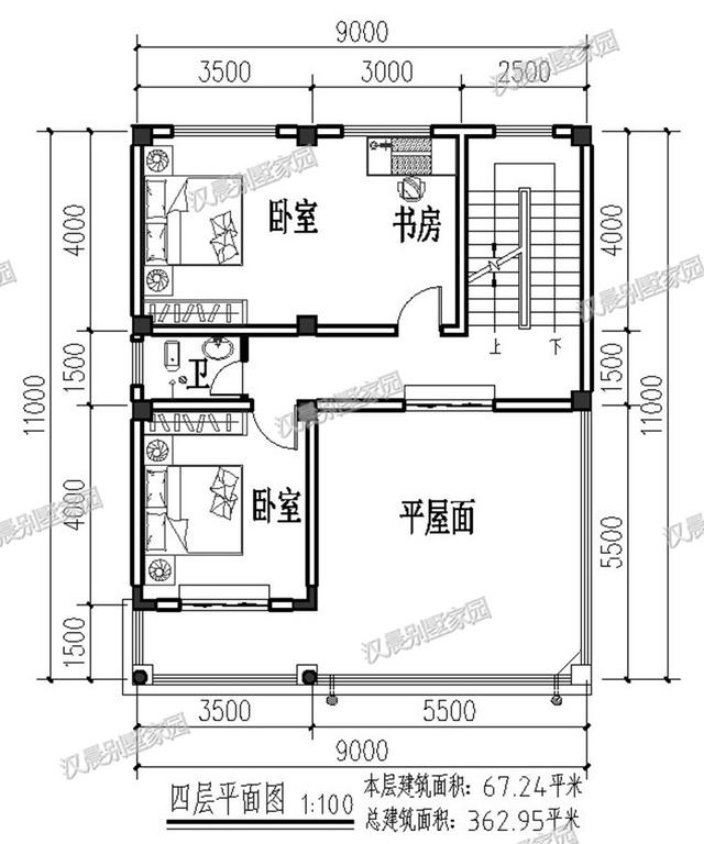 一側無窗的農村四層別墅設計圖，帶車庫和大露臺，漂亮極了。