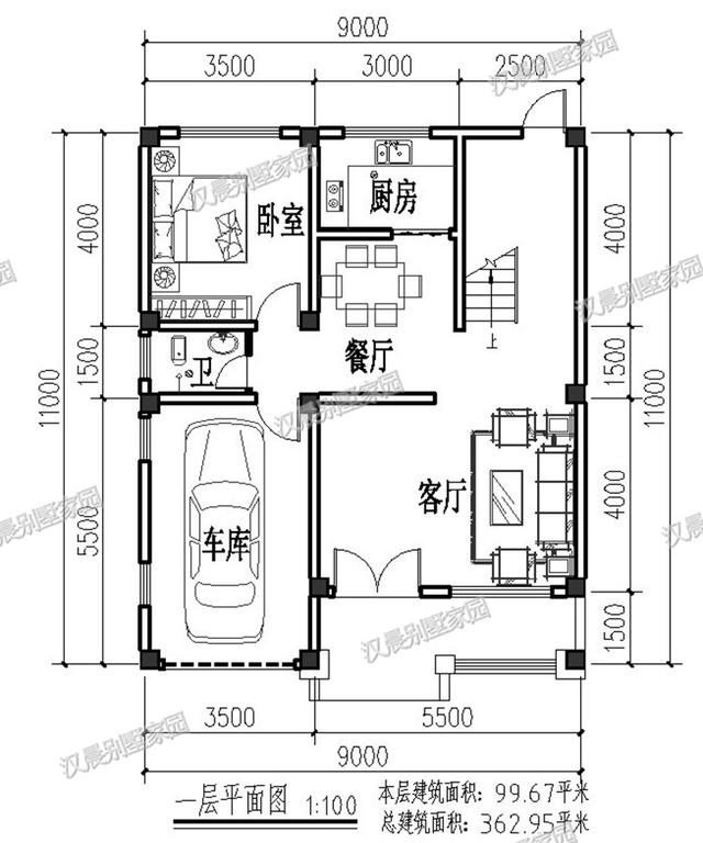 一側無窗的農村四層別墅設計圖，帶車庫和大露臺，漂亮極了。