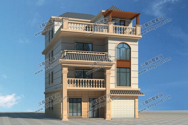 一側無窗的農村四層別墅設計圖，帶車庫和大露臺，漂亮極了。