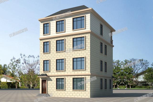 一側無窗的農村四層別墅設計圖，帶車庫和大露臺，漂亮極了。