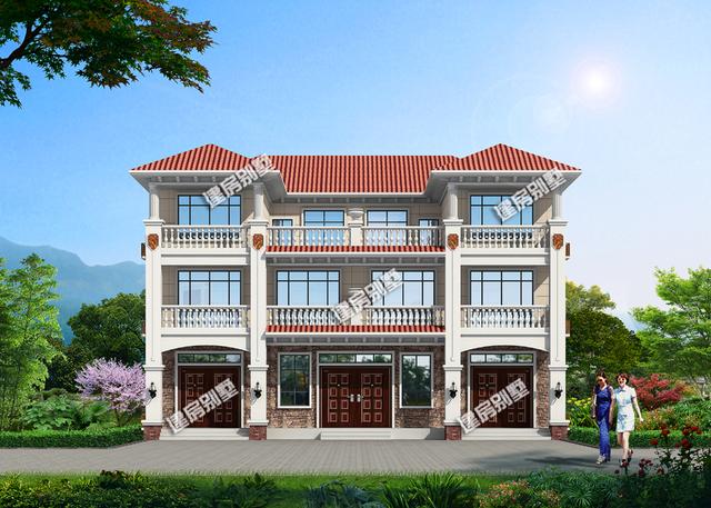 占地230平三層雙拼別墅設(shè)計(jì)圖，共用超大空間堂屋，單戶8間臥室。