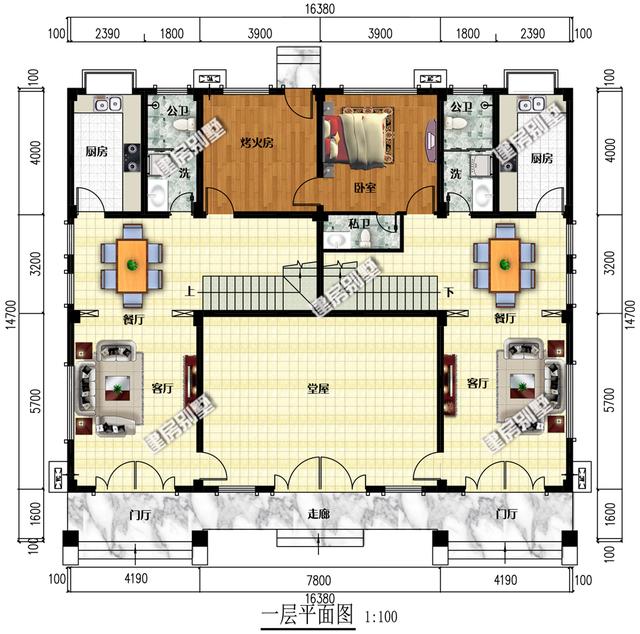 占地230平三層雙拼別墅設(shè)計(jì)圖，共用超大空間堂屋，單戶8間臥室。