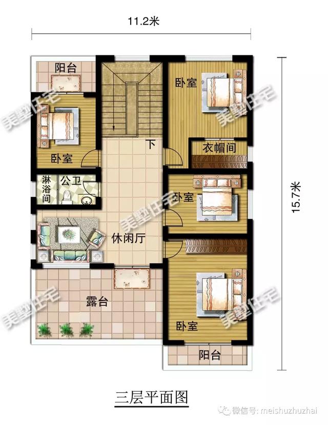 開間11米的三層別墅設(shè)計圖，帶有8間臥室和棋牌室，適合你嗎？