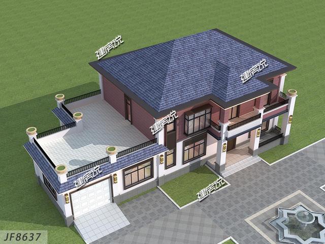 二層新中式別墅設(shè)計(jì)圖，帶車庫(kù)和挑空客廳，漂亮極了！