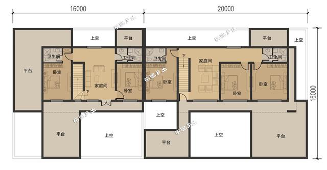 簡約現(xiàn)代二層住宅設(shè)計圖，造型端莊質(zhì)樸，多露臺，多庭院
