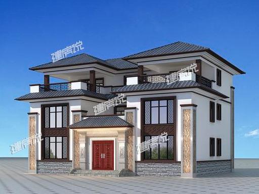 左右對(duì)稱(chēng)的三層中式別墅，外觀大氣，蓋一棟在農(nóng)村，那叫一個(gè)氣派，全村都夸好！