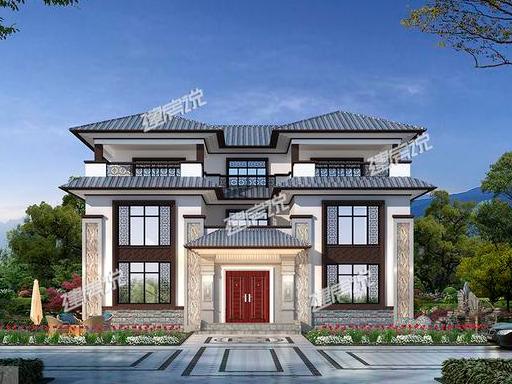左右對(duì)稱(chēng)的三層中式別墅，外觀大氣，蓋一棟在農(nóng)村，那叫一個(gè)氣派，全村都夸好！