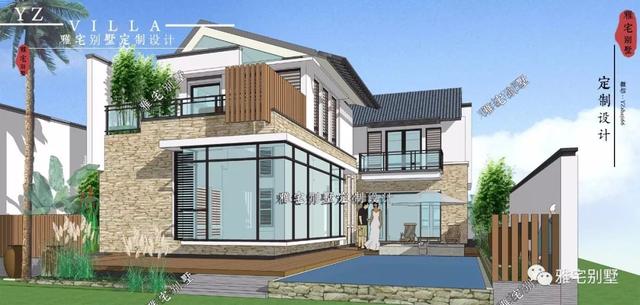 130平兩層新中式度假別墅設(shè)計圖，帶庭院泳池露臺。