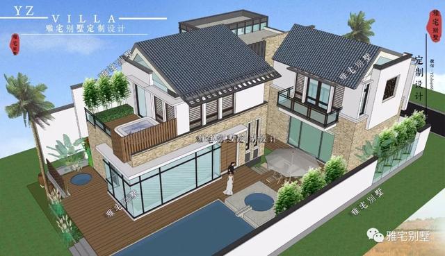 130平兩層新中式度假別墅設(shè)計圖，帶庭院泳池露臺。