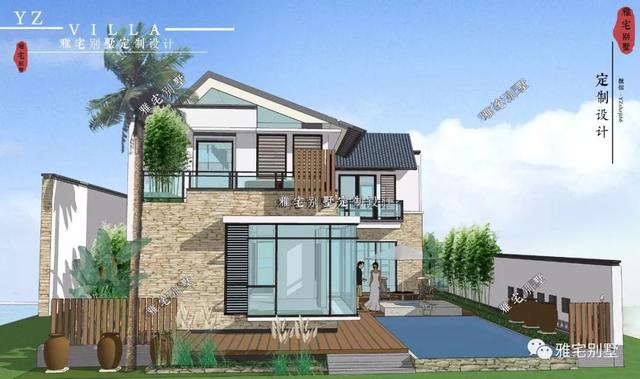 130平兩層新中式度假別墅設(shè)計圖，帶庭院泳池露臺。