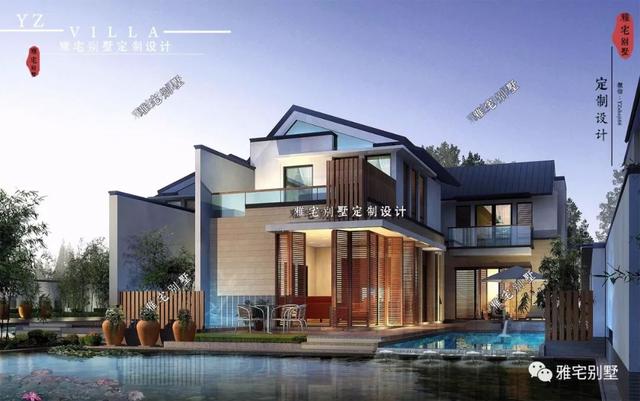 130平兩層新中式度假別墅設(shè)計圖，帶庭院泳池露臺。