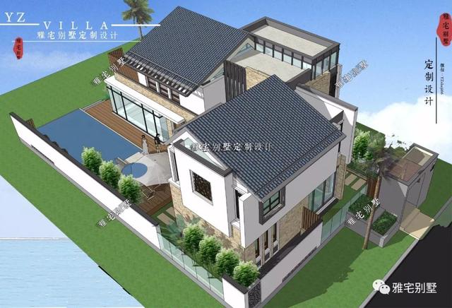 130平兩層新中式度假別墅設(shè)計圖，帶庭院泳池露臺。