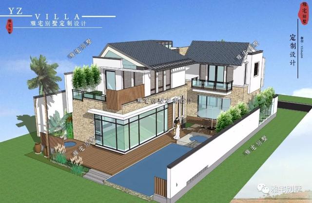 130平兩層新中式度假別墅設(shè)計圖，帶庭院泳池露臺。