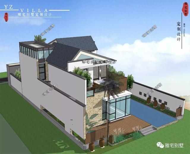 130平兩層新中式度假別墅設(shè)計圖，帶庭院泳池露臺。